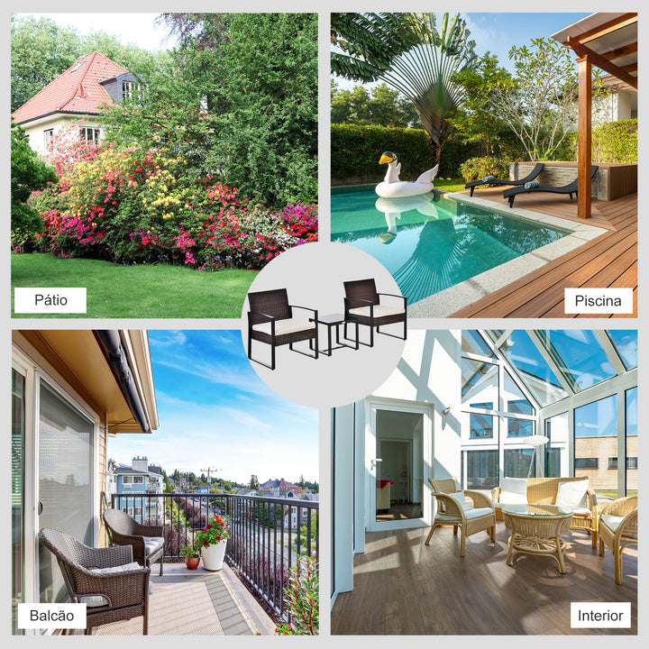 Conjunto de Móveis de Jardim de Vime 3 Peças com 1 Mesa 42,5x40x39 cm 2 Poltronas 63x57x76 cm Almofada Acolchoada para Pátio Varanda Marrom