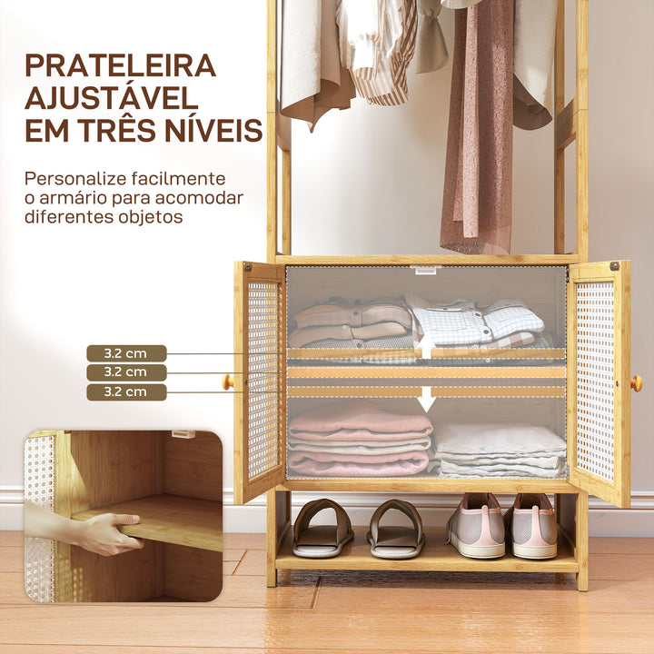 Móvel Cabide de Entrada Cabide para Roupas de Bambu com Sapateira Barra para Pendurar Prateleira Ajustável para Entrada Corredor Quarto 53x31x168 cm Madeira