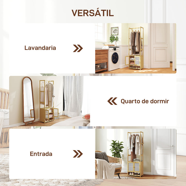 Móvel Cabide de Entrada Cabide para Roupas de Bambu com Sapateira Barra para Pendurar Prateleira Ajustável para Entrada Corredor Quarto 53x31x168 cm Madeira