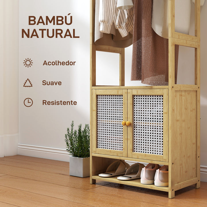 Móvel Cabide de Entrada Cabide para Roupas de Bambu com Sapateira Barra para Pendurar Prateleira Ajustável para Entrada Corredor Quarto 53x31x168 cm Madeira