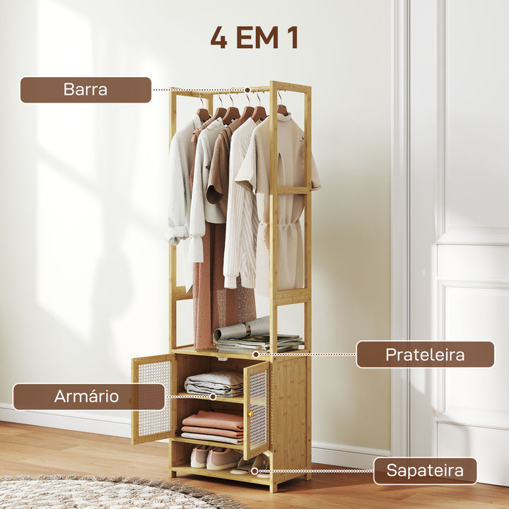 Móvel Cabide de Entrada Cabide para Roupas de Bambu com Sapateira Barra para Pendurar Prateleira Ajustável para Entrada Corredor Quarto 53x31x168 cm Madeira