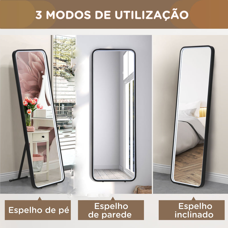 Espelho de Pé com Luzes LED Espelho de Corpo Inteiro 151,5x50 cm Independente ou de Parede com Iluminação Ajustável em 3 Cores Função de Memória para Dormitório Preto