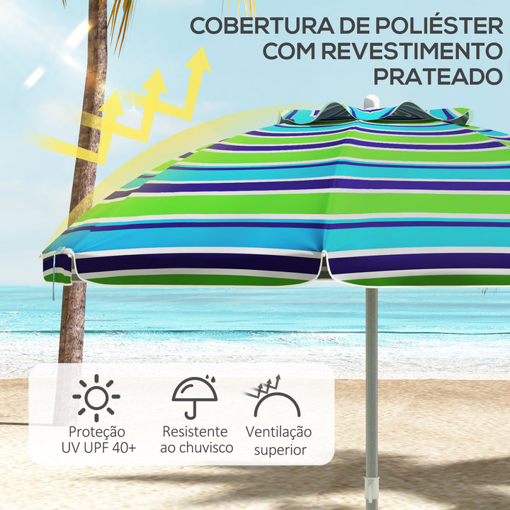 Chapéu de Sol de Praia Ø178x205 cm Chapéu de Sol para Terraço com Inclinação de 45° e Altura Ajustável Abertura Manual Anti-UV Impermeável e Bolsa de Transporte para Jardim Piscina Multicolor