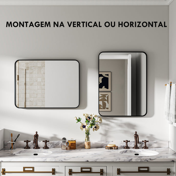 Espelho Casa de Banho 60x80 cm Espelho Retangular Espelho de Parede com Estrutura de Metal Vertical e Horizontal para Entrada Sala de Estar Preto
