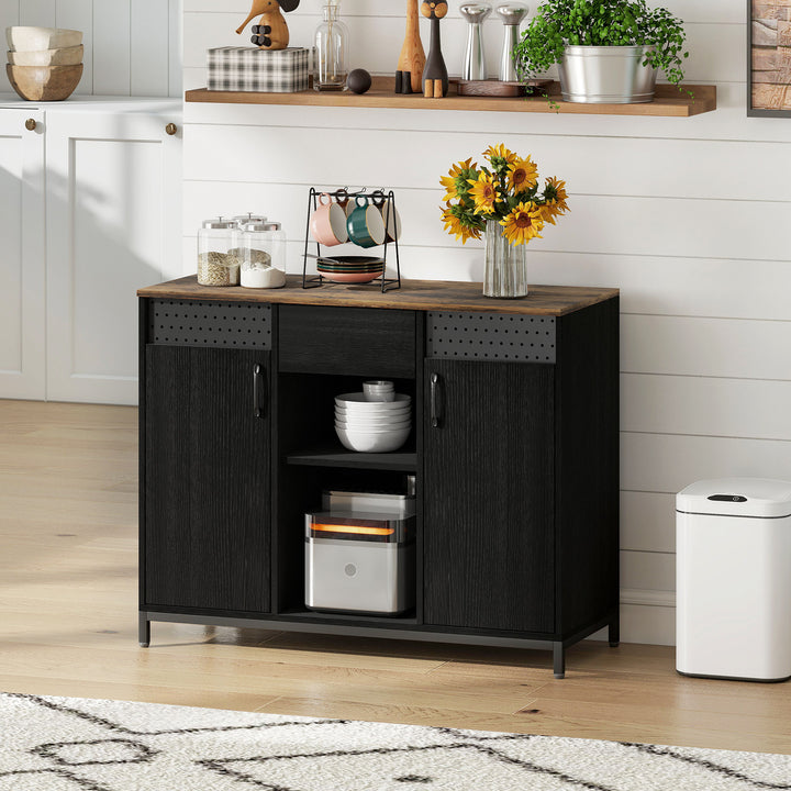 Aparador de 2 Portas com Orifícios Aparador de Sala com 2 Compartimentos e Gaveta Prateleiras Ajustáveis para Cozinha Entrada Dormitório 100x40x80 cm Preto e Castanho Rústico