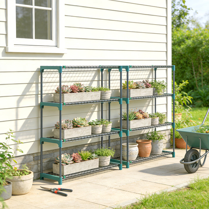 Conjunto de 2 Suportes para Plantas de 4 Níveis para Interior e Exterior, Prateleiras de Aço com Conectores para Montagem Fácil, Estantes para Vasos, Jardim, Varanda, Verde