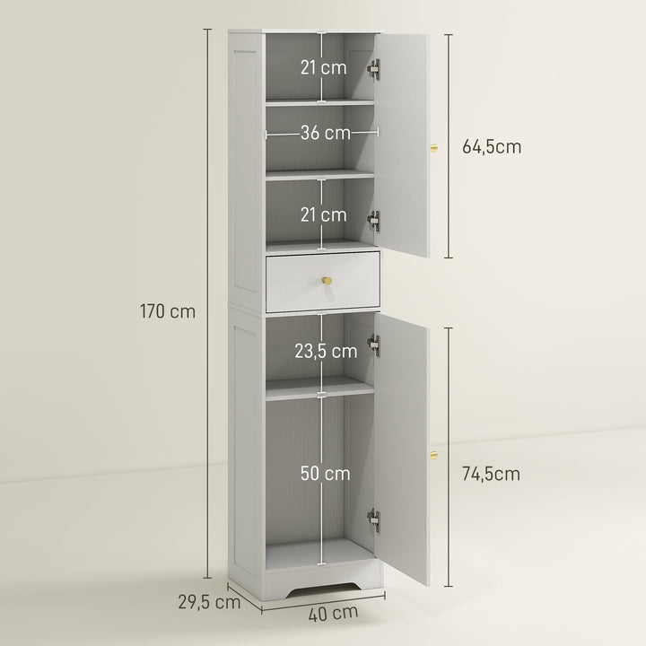 Coluna Casa de Banho com 2 Portas Arqueadas Gaveta e Prateleiras Ajustáveis Armário Alto Estreito de Casa de Banho Estilo Moderno para Sala de Estar Lavabo Cozinha 40x29,5x170 cm Branco com Veios