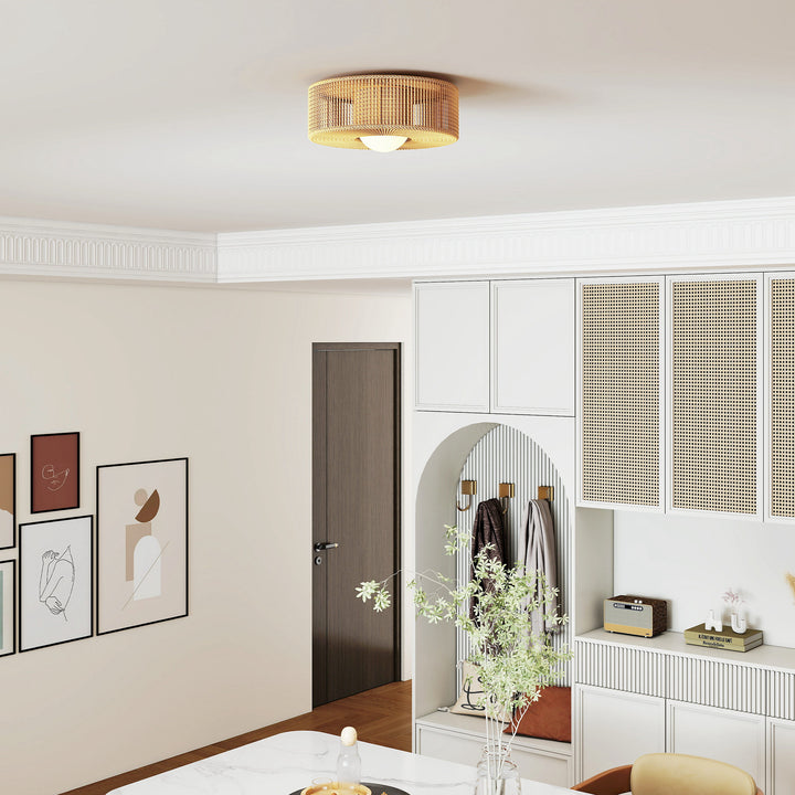 Candeeiro de Teto com Lâmpada LED G9 20W 3000 K Candeeiro de Teto Boémio com Ecrã de Corda de Linho para Quarto Sala Cozinha e Sala de Jantar Castanho Claro