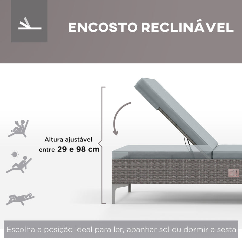 Espreguiçadeira de Vime Reclinável Espreguiçadeira de Jardim com Encosto Ajustável Almofada Amovível e Lavável Carga Máxima 160 kg para Pátio Varanda 202x61x29-98 cm Cinza e Marrom