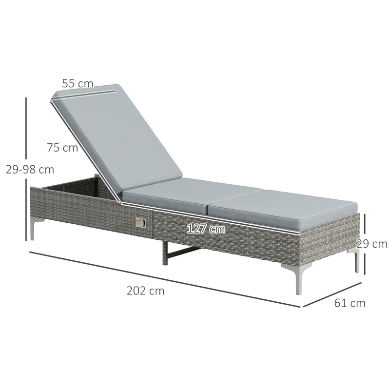 Espreguiçadeira de Vime Reclinável Espreguiçadeira de Jardim com Encosto Ajustável Almofada Amovível e Lavável Carga Máxima 160 kg para Pátio Varanda 202x61x29-98 cm Cinza e Marrom