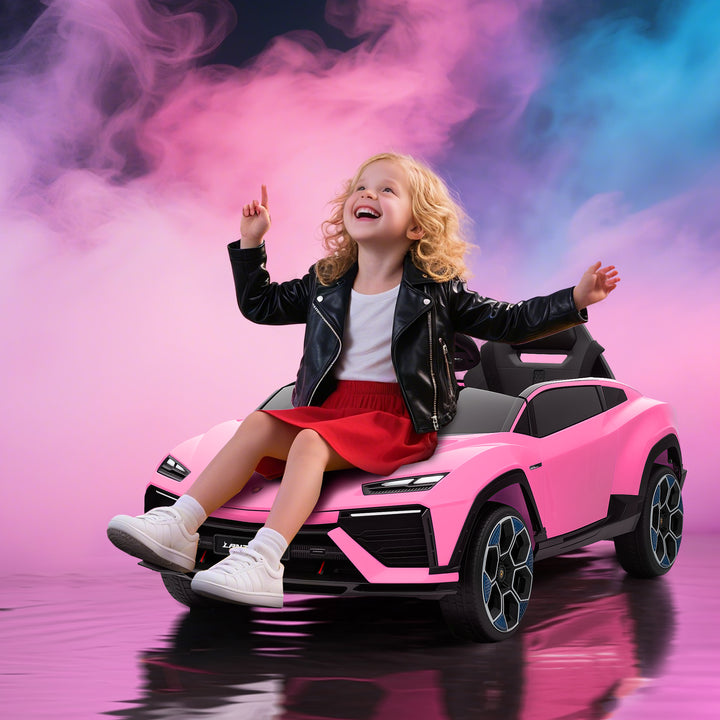 Carro Elétrico para Crianças acima de 3 Anos Lamborghini Infantil a Bateria 12V com Controlo Remoto 2,4G Motor Duplo Rodas com Suspensão Portas Estilo Tesoura Faróis Música USB 101,5x49x43 cm Rosa