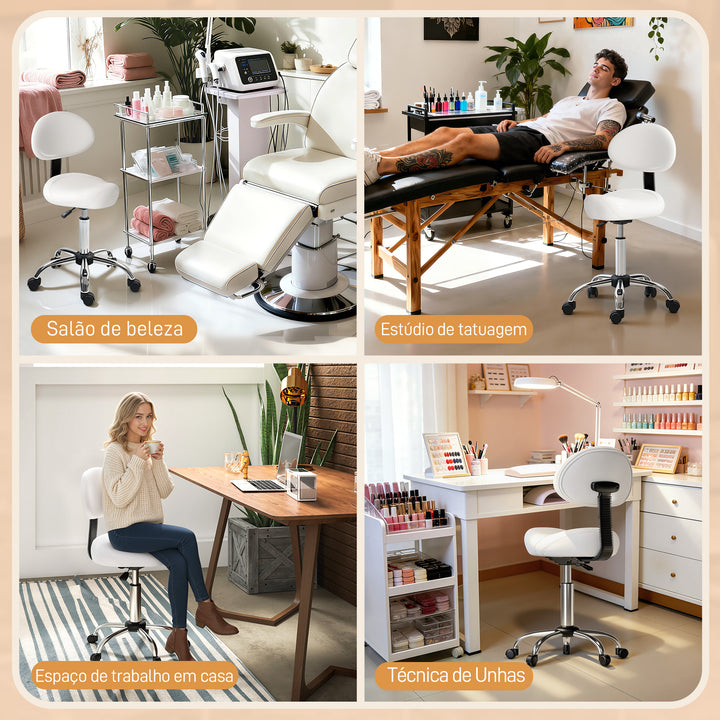 Banco Giratório Banco com Rodas e Encosto Amovível Banco de Trabalho com Altura Regulável 83-98 cm Assento Estofado em Couro Sintético Branco