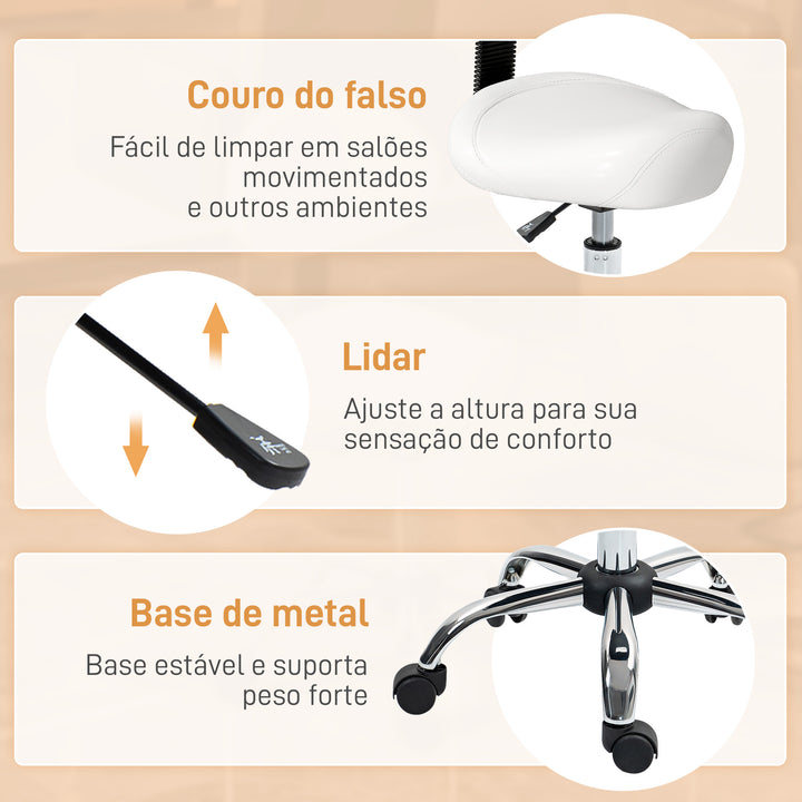 Banco Giratório Banco com Rodas e Encosto Amovível Banco de Trabalho com Altura Regulável 83-98 cm Assento Estofado em Couro Sintético Branco