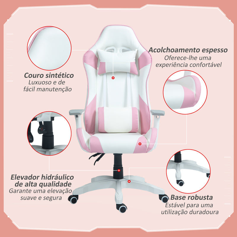 Cadeira Gaming Reclinável Cadeira Gamer Giratória com Almofada Lombar Apoios de Braços Ajustáveis Apoio de Cabeça Basculante e Altura Ajustável para Escritório 67x60x120-128 cm Branco e Rosa