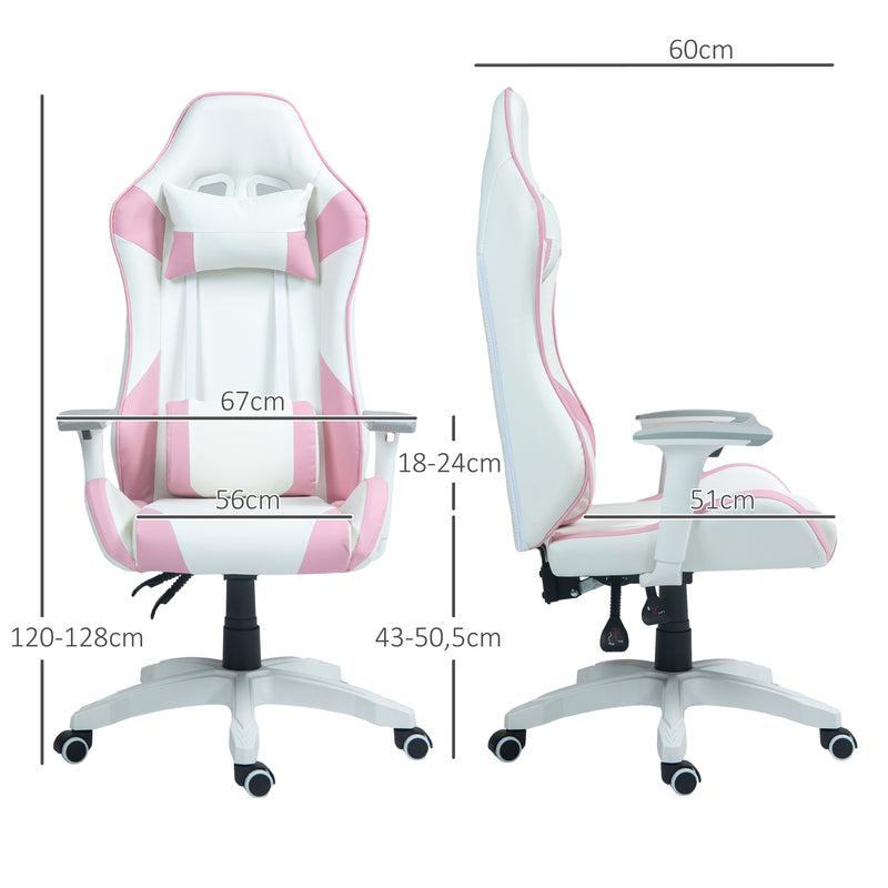 Cadeira Gaming Reclinável Cadeira Gamer Giratória com Almofada Lombar Apoios de Braços Ajustáveis Apoio de Cabeça Basculante e Altura Ajustável para Escritório 67x60x120-128 cm Branco e Rosa