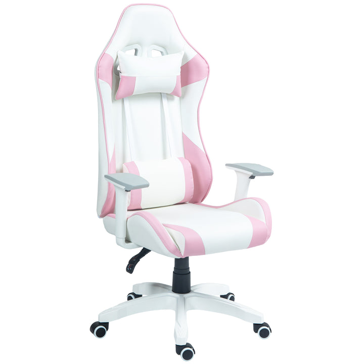 Cadeira Gaming Reclinável Cadeira Gamer Giratória com Almofada Lombar Apoios de Braços Ajustáveis Apoio de Cabeça Basculante e Altura Ajustável para Escritório 67x60x120-128 cm Branco e Rosa