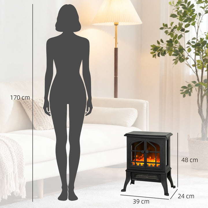Lareira Elétrica de Pé Lareira Decorativa 900/1800W com Efeito Chama 3D 2 Níveis de Potência Termóstato Ajustável Janelas Visíveis para 15-30 ? 39x24x48 cm Preto
