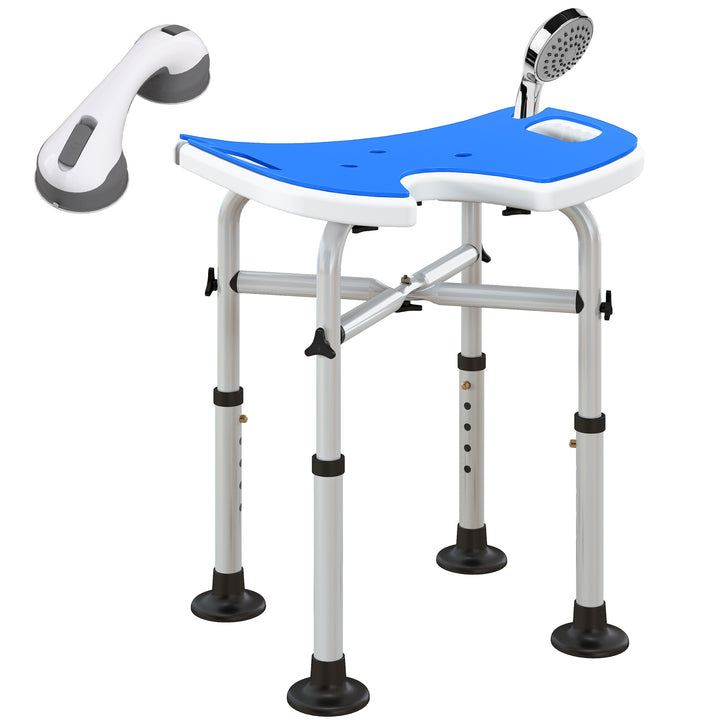Banco de Duche Cadeira de Duche para Idosos Antiderrapante Banco para Duche com Barra de Apoio por Ventosas Altura Regulável e Assento em Forma de U Capacidade 150 kg 48,5x33x39-51,5 cm Azul