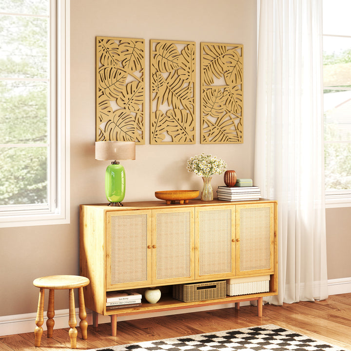 Decoração de Parede de Madeira 3D 3 Peças 40x80 cm Adornos de Parede com Padrão de Folhas Tropicais Arte Moderna para Sala Quarto Corredor Madeira Natural