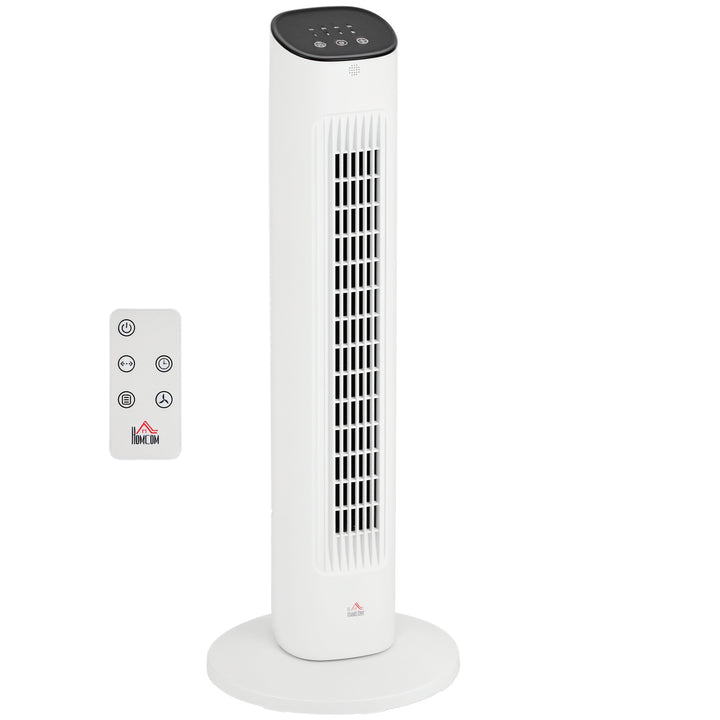 Ventoinha de Coluna 50W com Controlo Remoto Ventoinha Silenciosa com 3 Velocidades Temporizador 15h Oscilação 85° Ecrã LED 30x30x78 cm Branco