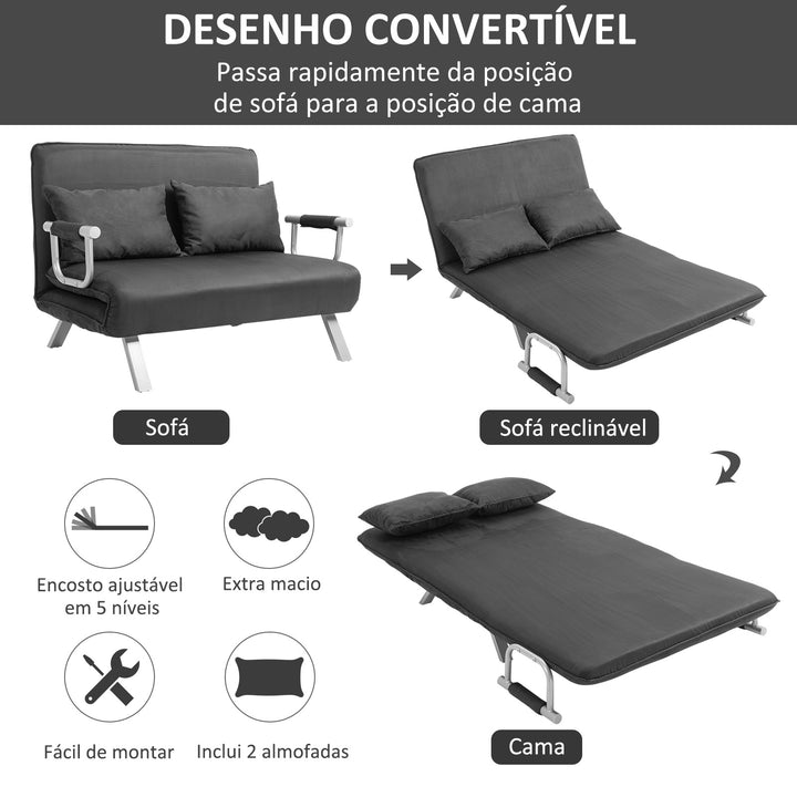 Sofá Cama de 2 Lugares Sofá Cama Pequeno Estofado em Camurça Sintética com Encosto Ajustável em 5 Níveis e 2 Almofadas Acolchoadas para Escritório Dormitório Sala de Estar 111x80x78 cm Cinzento