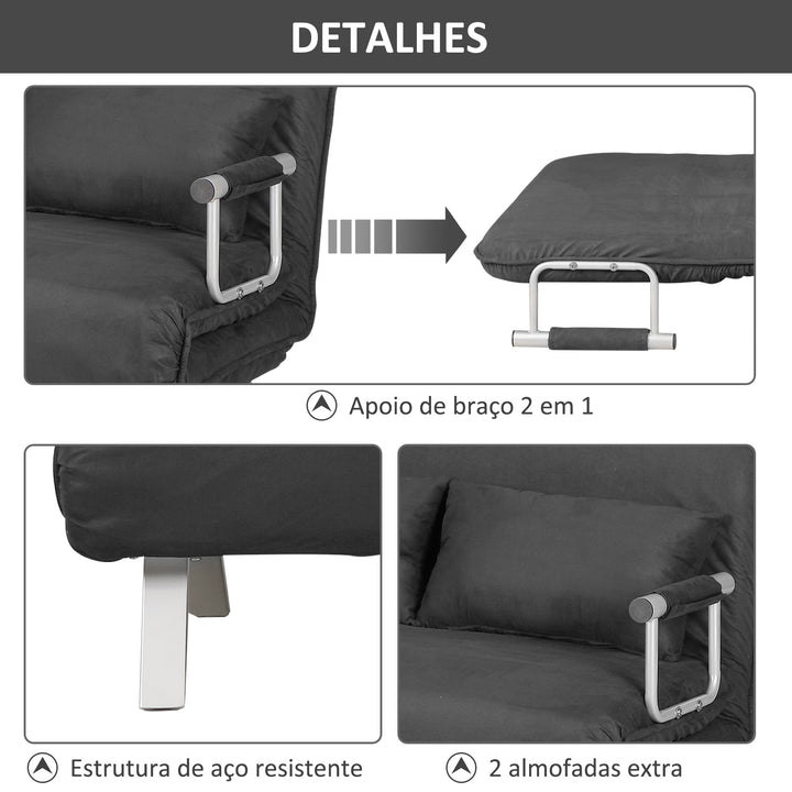 Sofá Cama de 2 Lugares Sofá Cama Pequeno Estofado em Camurça Sintética com Encosto Ajustável em 5 Níveis e 2 Almofadas Acolchoadas para Escritório Dormitório Sala de Estar 111x80x78 cm Cinzento
