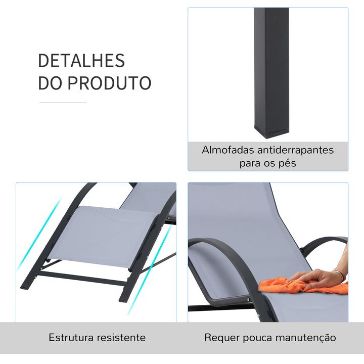 Conjunto de 2 Espreguiçadeiras de Jardim 59x169x66 cm com Mesa 41x41x45 cm Vidro Temperado Apoio de Braços para Pátio Piscina Varanda Cinza