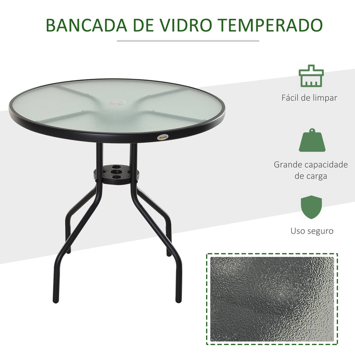 Mesa de Jardim Redonda Mesa Sala de Jantar de Cristal Temperado com Orifício para Chapéu de Sol Estrutura Metálica para Pátio Terraço Exterior Ø80x72cm Preto