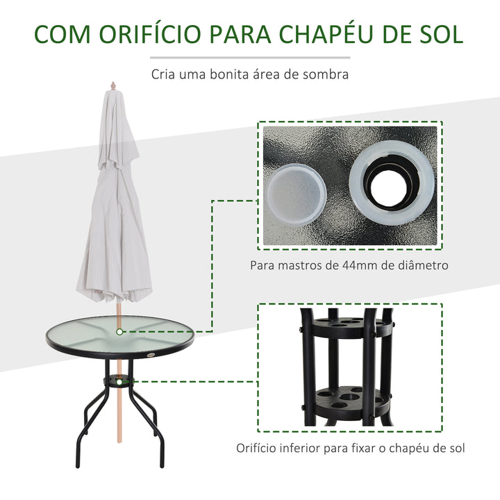 Mesa de Jardim Redonda Mesa Sala de Jantar de Cristal Temperado com Orifício para Chapéu de Sol Estrutura Metálica para Pátio Terraço Exterior Ø80x72cm Preto