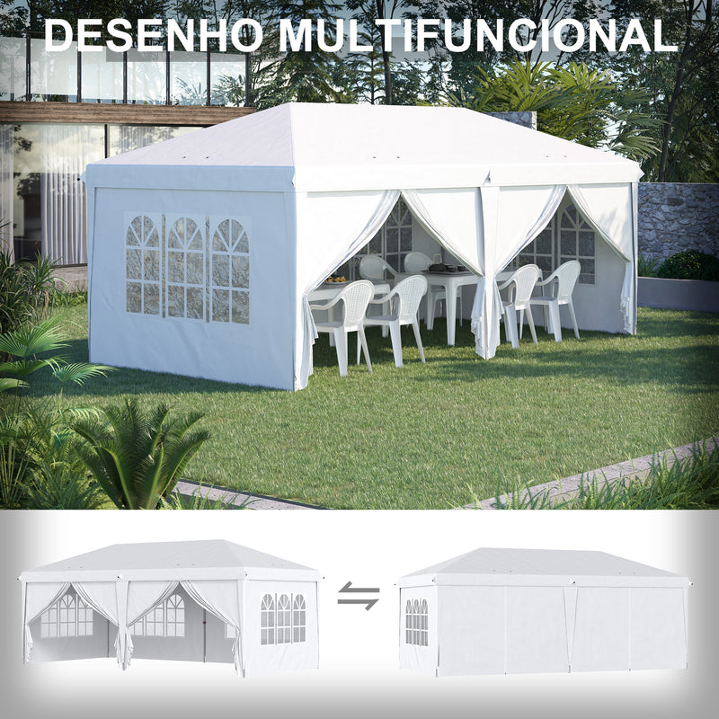 Tenda para Festas 585x295x270 cm com Paredes Laterais Amovíveis Tenda Dobrável com 2 Portas com Fecho de Correr 4 Janelas e Bolsa de Transporte Branco