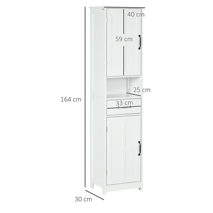 Coluna de Casa de Banho Móvel Auxiliar de Casa de Banho com 2 Portas 1 Gaveta Prateleira Aberta e Prateleiras Ajustáveis 40x30x164 cm Branco