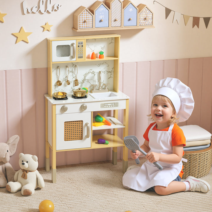 Cozinha de Brincar em Madeira com Som Cozinha Infantil com Acessórios em Aço Inoxidável Micro-Ondas Forno Lava-Loiças Legumes para Cortar para Crianças a Partir de 3 Anos 55x24x96 cm Dourado