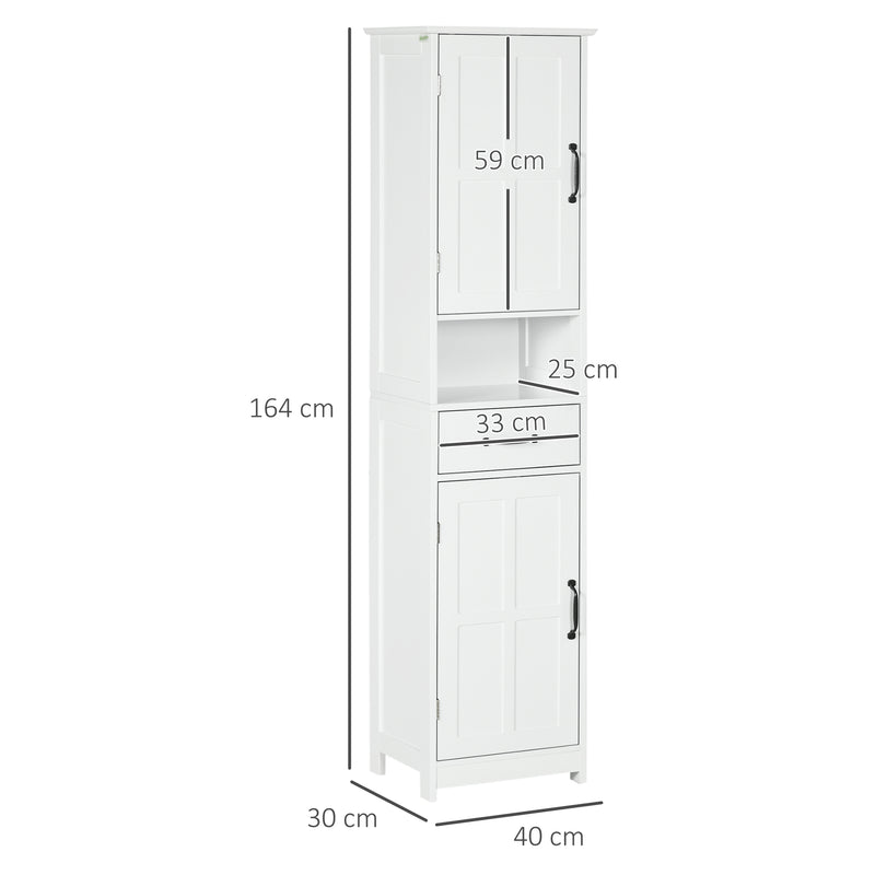 Coluna de Casa de Banho Móvel Auxiliar de Casa de Banho com 2 Portas 1 Gaveta Prateleira Aberta e Prateleiras Ajustáveis 40x30x164 cm Branco