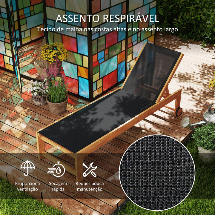 Espreguiçadeira de Madeira de Acácia Espreguiçadeira de Jardim com Rodas Encosto Ajustável em 4 Níveis Carga 160 kg Espreguiçadeira para Pátio Varanda 186x60x33 cm Teca e Preto