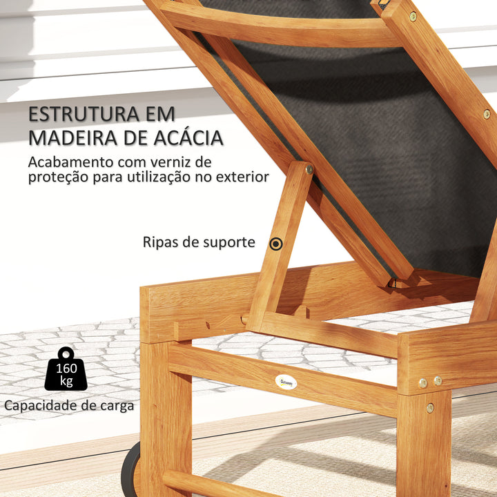 Espreguiçadeira de Madeira de Acácia Espreguiçadeira de Jardim com Rodas Encosto Ajustável em 4 Níveis Carga 160 kg Espreguiçadeira para Pátio Varanda 186x60x33 cm Teca e Preto
