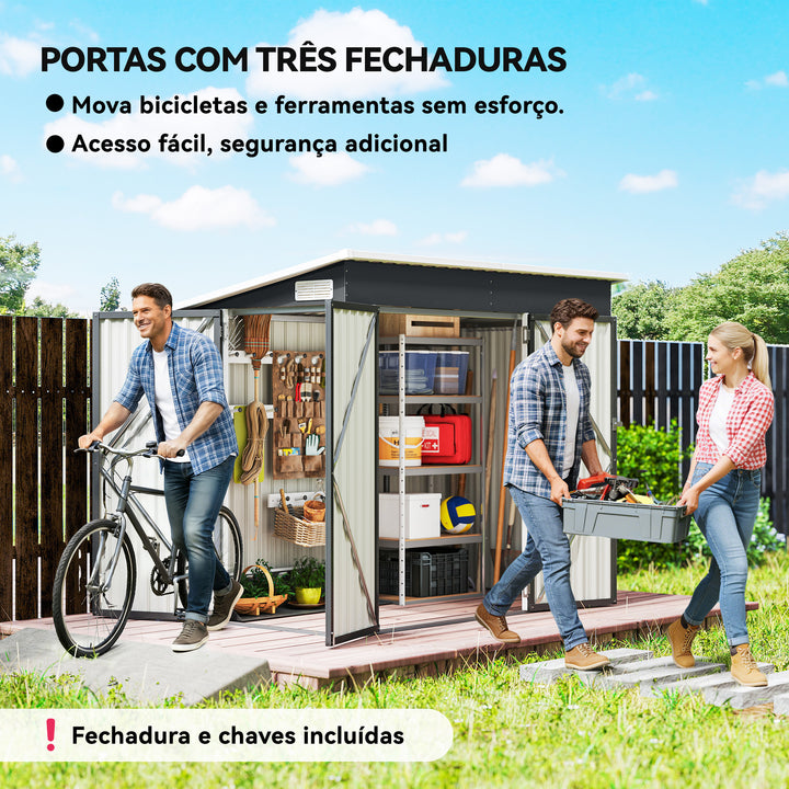 Abrigo de Jardim 2,7 m² 234x132x185 cm Abrigo de Exterior Metálico com Três Portas Fechadura Telhado Inclinado e Ventilação para Armazenamento de Ferramentas Cinzento