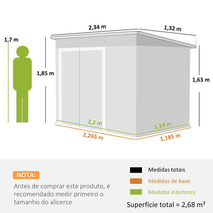 Abrigo de Jardim 2,7 m² 234x132x185 cm Abrigo de Exterior Metálico com Três Portas Fechadura Telhado Inclinado e Ventilação para Armazenamento de Ferramentas Cinzento