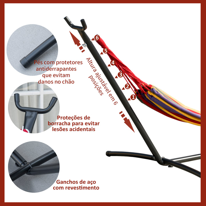 Rede com suporte de aço portátil Altura ajustável de 6 níveis com bolsa de transporte 150 kg 200x150 cm multicolor