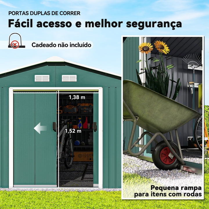 Abrigo de Jardim Metálico 340x386x200cm Abrigo de Exterior para Armazenamento de Ferramentas com Base Incluida 4 Janelas de Ventilação e Porta Corredeira Verde