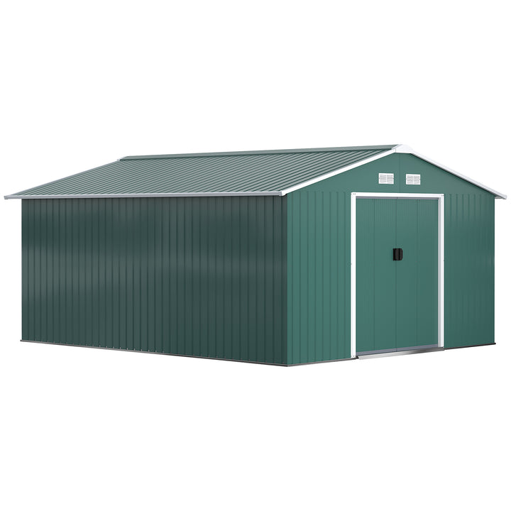 Abrigo de Jardim Metálico 340x386x200cm Abrigo de Exterior para Armazenamento de Ferramentas com Base Incluida 4 Janelas de Ventilação e Porta Corredeira Verde