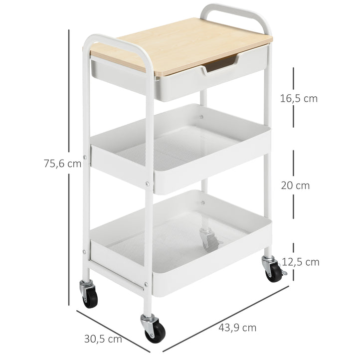 Carrinho de Cozinha com Rodas Carrinho de Armazenamento com Gaveta 2 Prateleiras e Rodas com Freios para Casa de Banho Sala de Estar Dormitório 43,9x30,5x75,6cm Branco e Madeira Natural