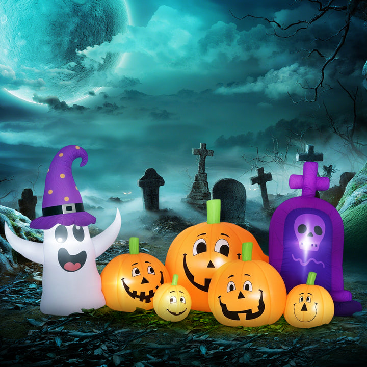 Abóbora Insuflável de Halloween com Fantasma e Lápida Decoração de Halloween com Luzes LED IP44 e Insuflador para Jardim Festas Exterior 240x130x130 cm Multicolor