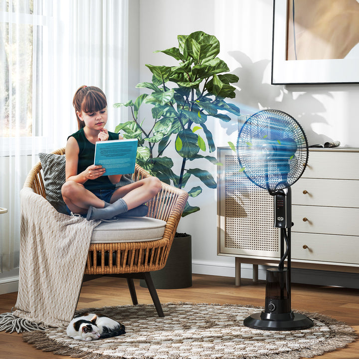 Ventoinha de Pé com Nebulizador 75 W Temporizador Depósito 3,2L Controlo Remoto 3 Velocidades 3 Hélices e Ecrã LED Ø44,5 cm Preto