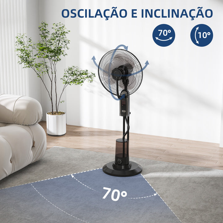 Ventoinha de Pé com Nebulizador 75 W Temporizador Depósito 3,2L Controlo Remoto 3 Velocidades 3 Hélices e Ecrã LED Ø44,5 cm Preto