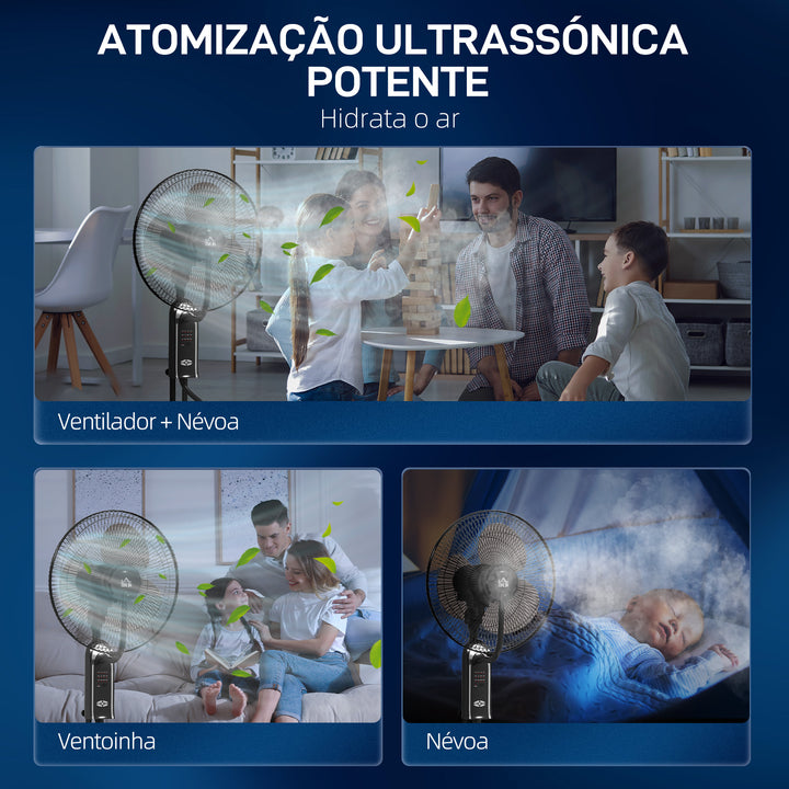 Ventoinha de Pé com Nebulizador 75 W Temporizador Depósito 3,2L Controlo Remoto 3 Velocidades 3 Hélices e Ecrã LED Ø44,5 cm Preto