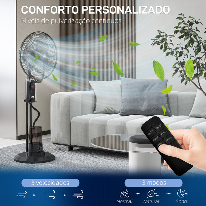 Ventoinha de Pé com Nebulizador 75 W Temporizador Depósito 3,2L Controlo Remoto 3 Velocidades 3 Hélices e Ecrã LED Ø44,5 cm Preto
