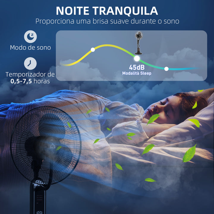 Ventoinha de Pé com Nebulizador 75 W Temporizador Depósito 3,2L Controlo Remoto 3 Velocidades 3 Hélices e Ecrã LED Ø44,5 cm Preto