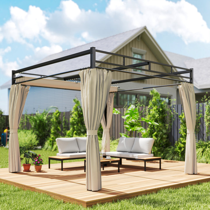 Pérgola de Jardim 295x295x221 cm com Teto Retrátil e Cortinas UPF30+ Estrutura Metálica Pérgola para Exterior Bege