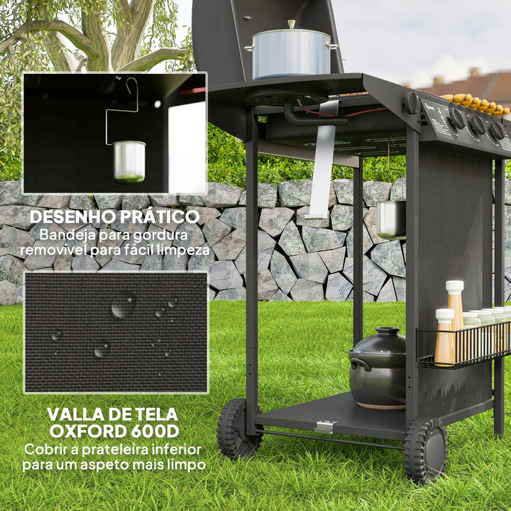 Barbecue a Gás com 3+1 Queimadores 9,5 kW Barbecue Portátil com Termómetro Mesa Lateral Prateleira para Temperos Grelha Recolhedor de Gordura 2 Rodas para Jardim Exterior Campismo 108x54x97 cm Preto