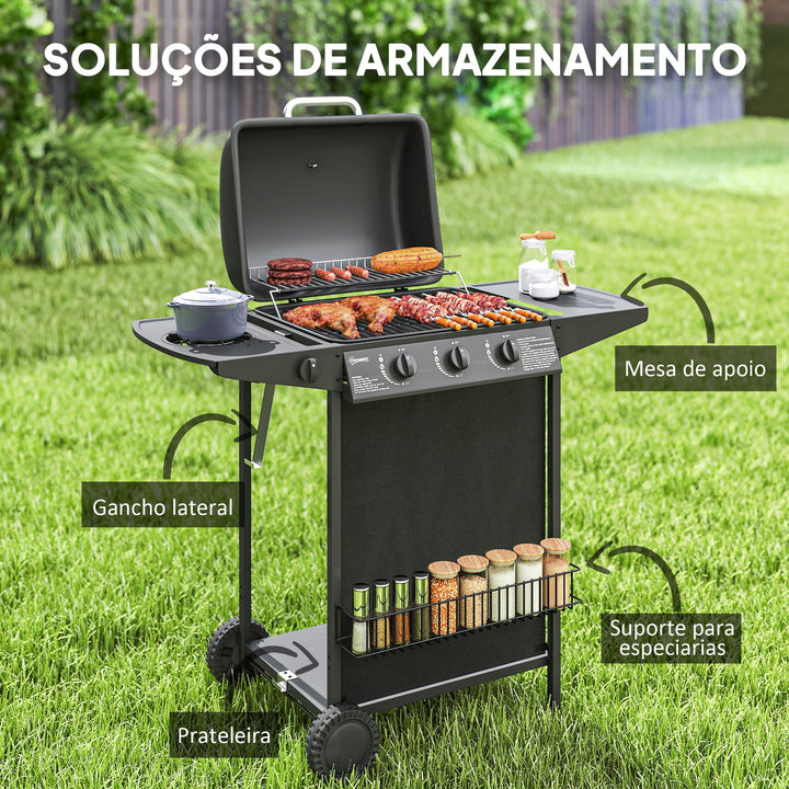 Barbecue a Gás com 3+1 Queimadores 9,5 kW Barbecue Portátil com Termómetro Mesa Lateral Prateleira para Temperos Grelha Recolhedor de Gordura 2 Rodas para Jardim Exterior Campismo 108x54x97 cm Preto